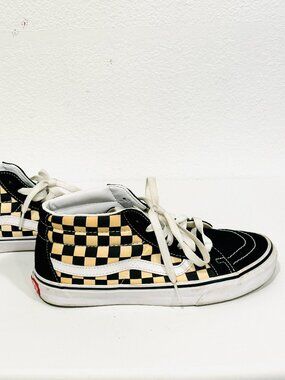 Vans Mid-Top Sneakers Canvas Suede Black Yellow Checkerboard Womens 7.5 ~ Mens 6